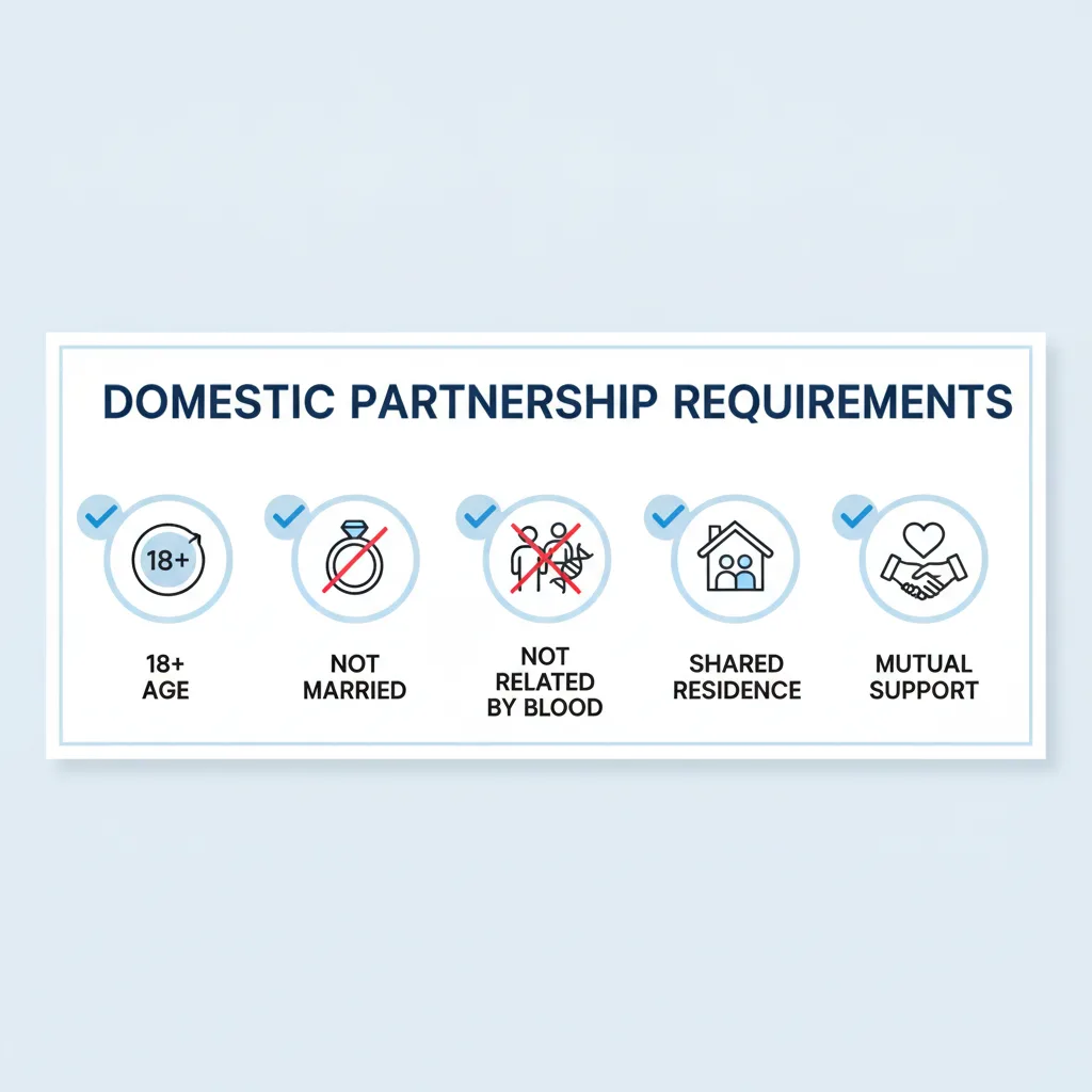 Checklist of common requirements for a domestic partnership, including age, marital status, blood relation, shared residence, and mutual support.