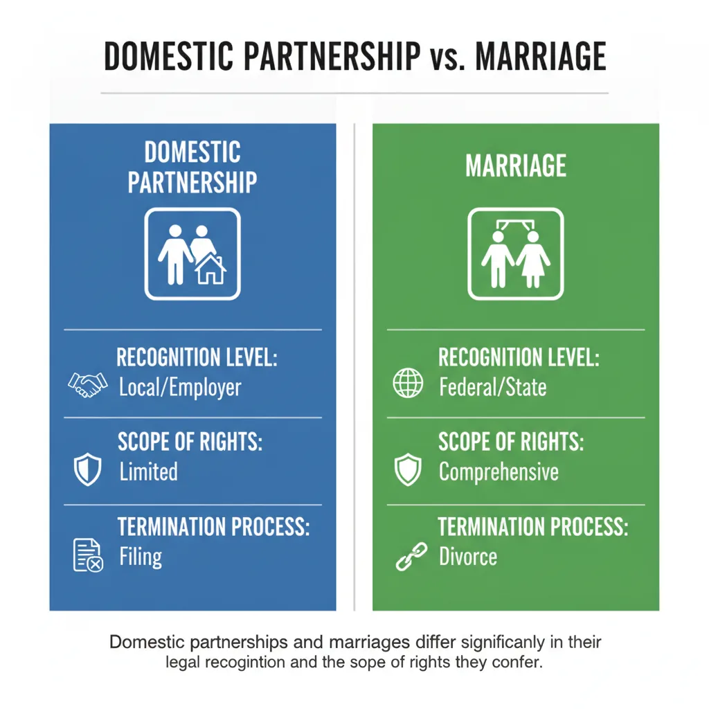 Comparison table showing differences between domestic partnership and marriage regarding recognition level, scope of rights, and termination process.
