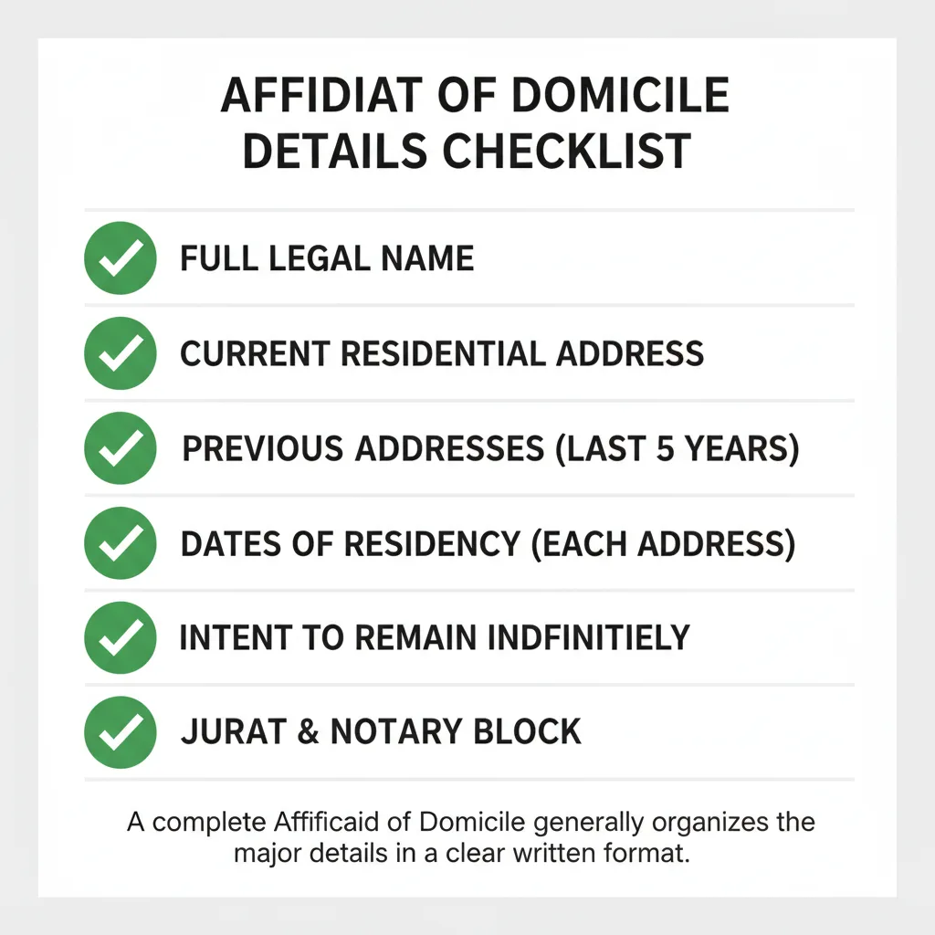 Checklist of details commonly addressed in a Affidavit of Domicile.
