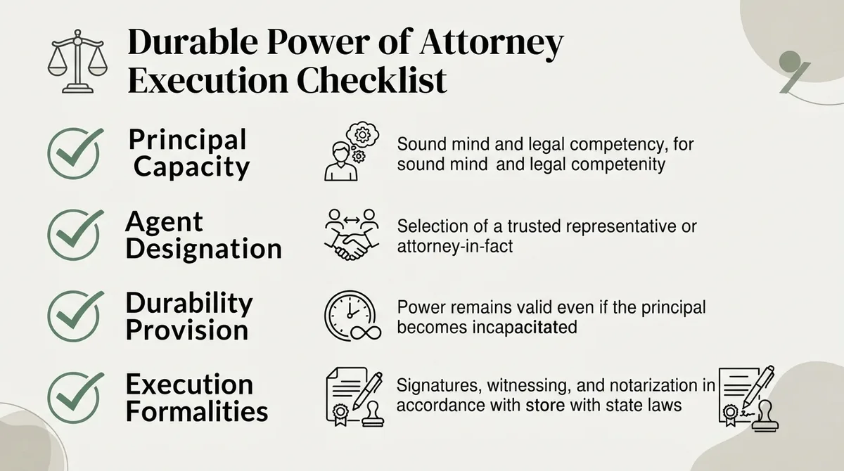 A checklist illustrating the four essential legal elements required for a valid durable power of attorney.