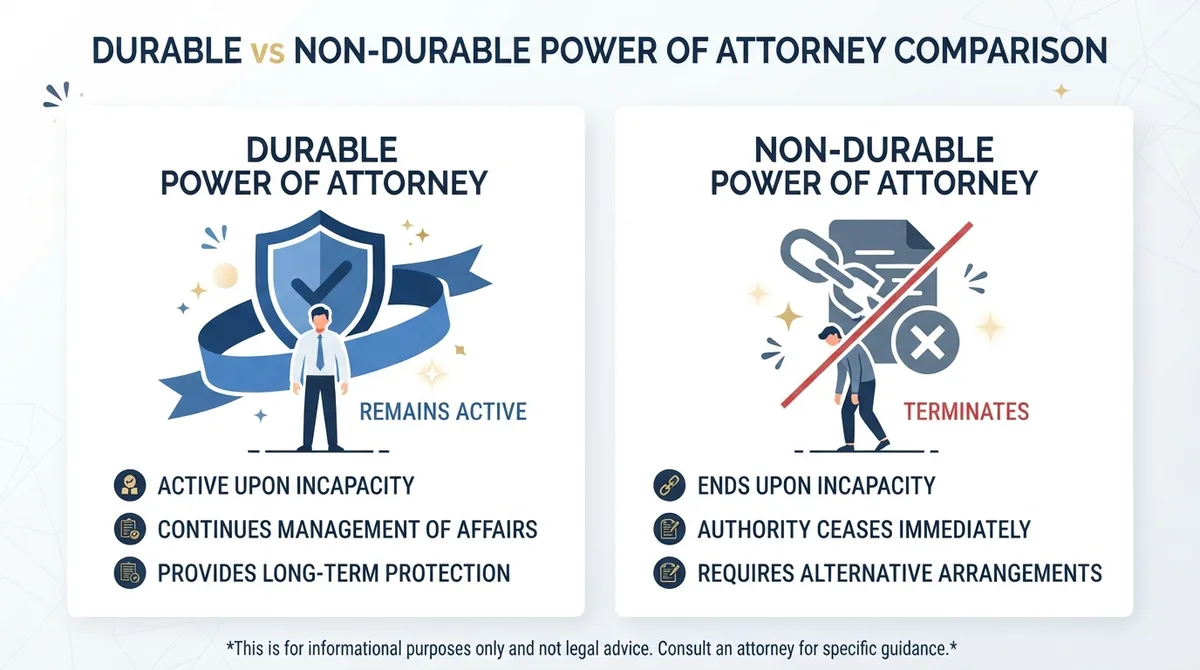 Comparison infographic showing that a durable power of attorney remains active during incapacity while a non-durable power of attorney terminates.