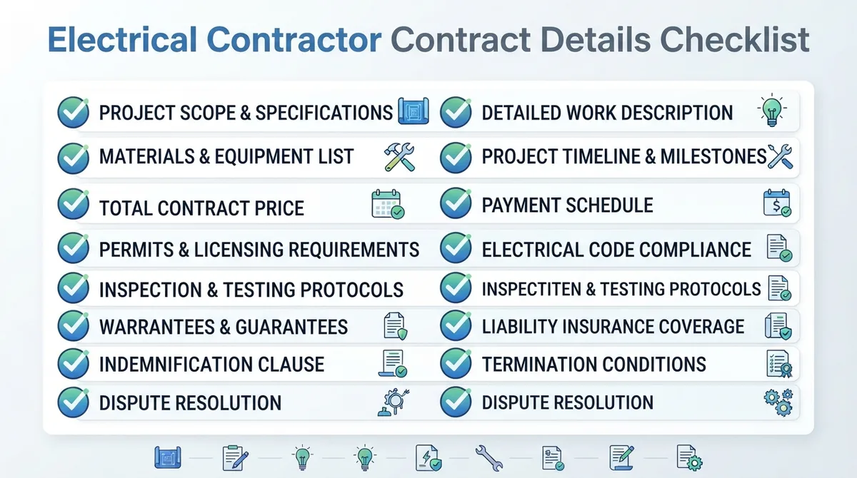 Checklist of details commonly addressed in a Electrical Contractor Contract.