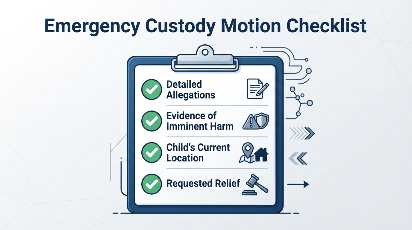 Checklist of essential elements required for an emergency custody motion.