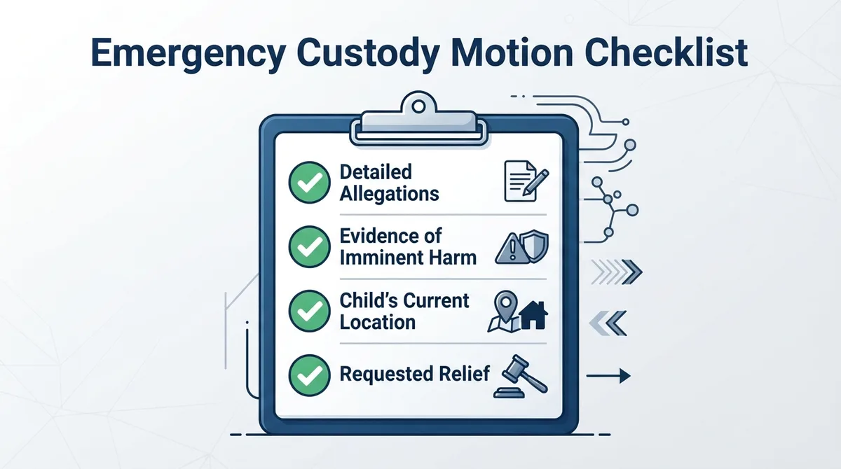 Checklist of essential elements required for an emergency custody motion.