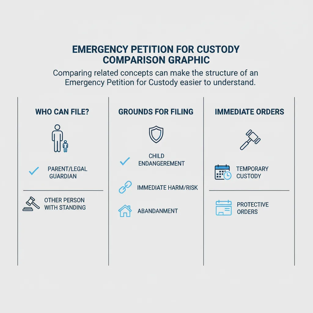 Comparison graphic explaining concepts related to a Emergency Petition for Custody.