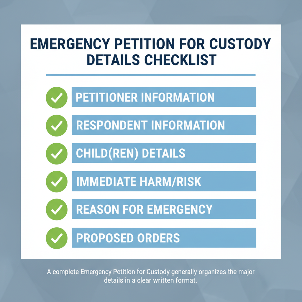 Checklist of details commonly addressed in a Emergency Petition for Custody.