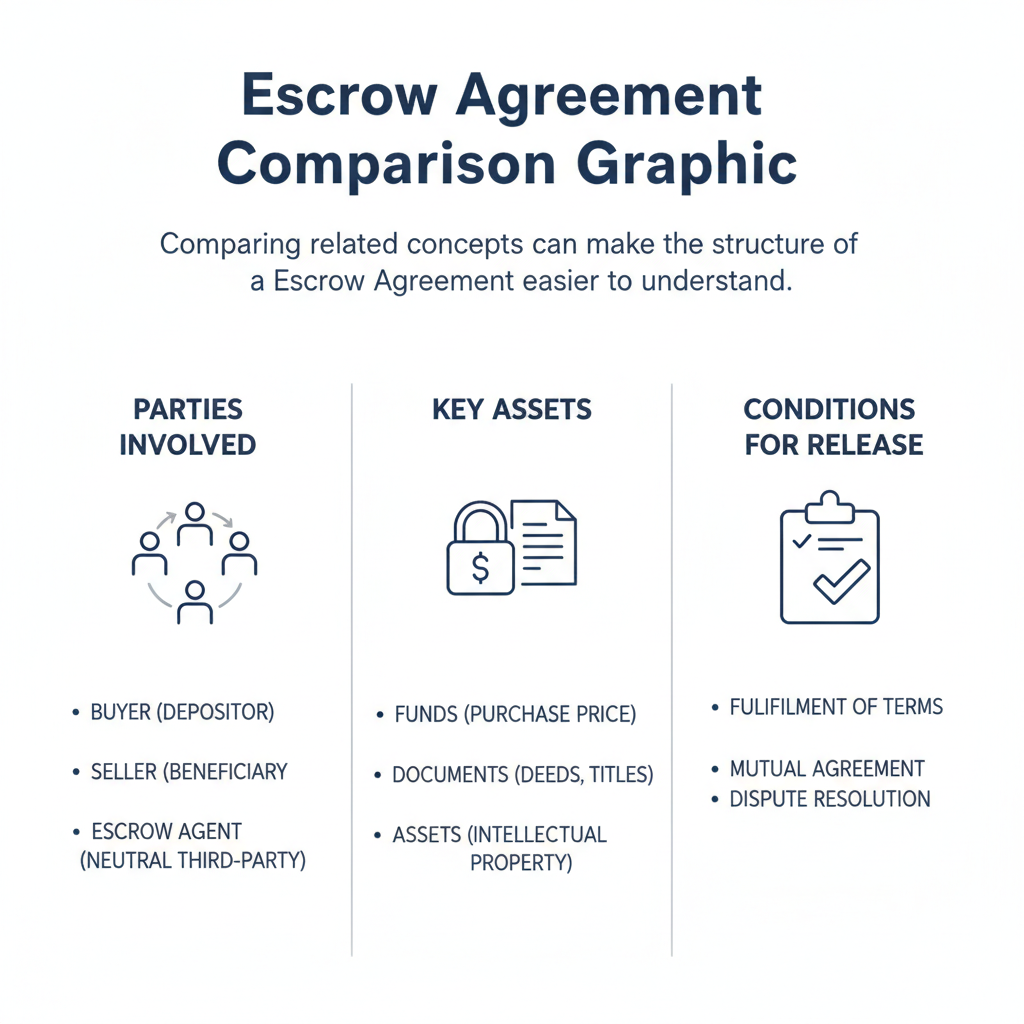 Comparison graphic explaining concepts related to a Escrow Agreement.
