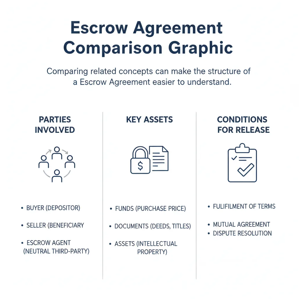 Comparison graphic explaining concepts related to a Escrow Agreement.