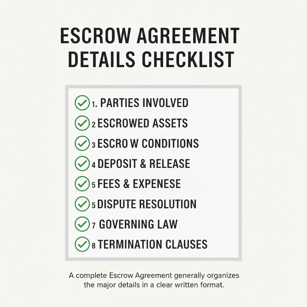 Checklist of details commonly addressed in a Escrow Agreement.
