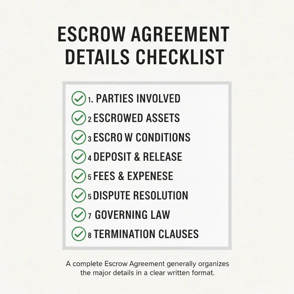 Checklist of details commonly addressed in a Escrow Agreement.