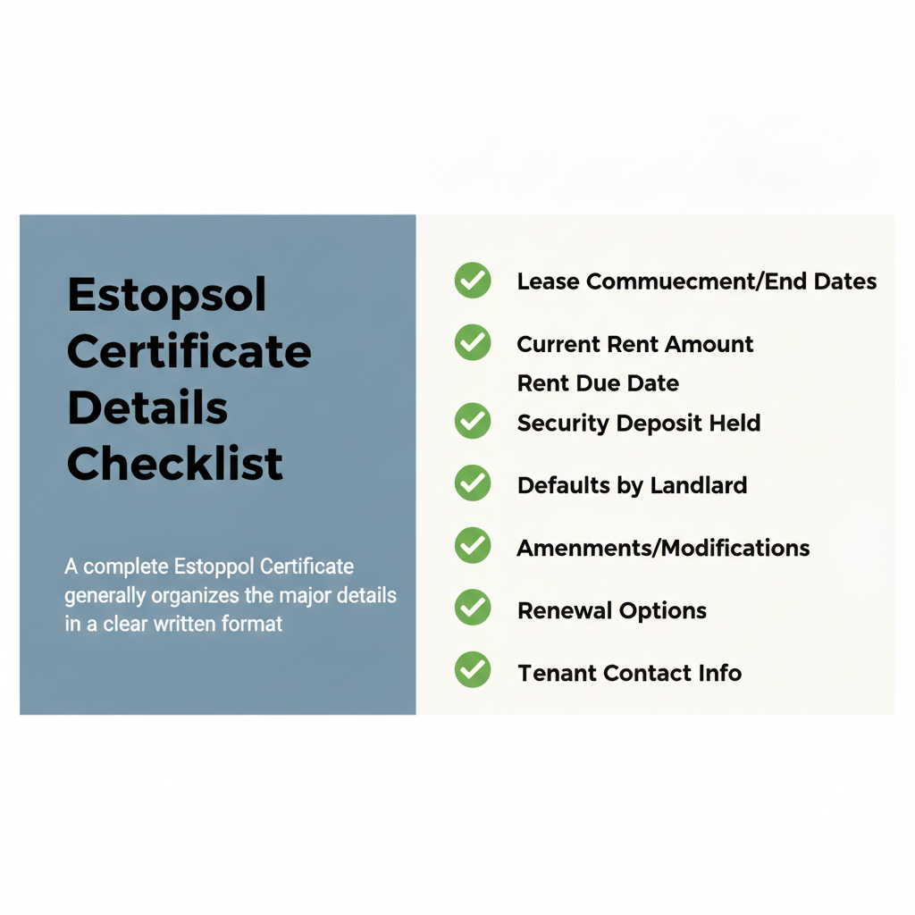 Checklist of details commonly addressed in a Estoppel Certificate.