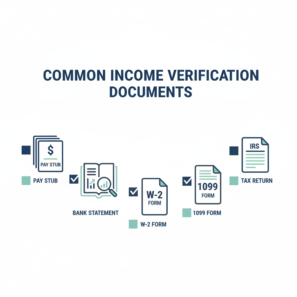 Checklist of common documents used for income verification, including pay stubs, bank statements, and tax forms.
