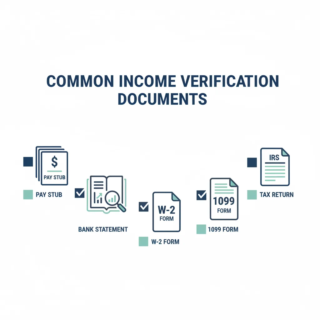Checklist of common documents used for income verification, including pay stubs, bank statements, and tax forms.