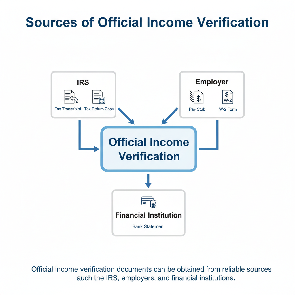 Diagram showing the sources for official income verification documents: IRS for tax transcripts, employers for pay stubs, and financial institutions for bank statements.