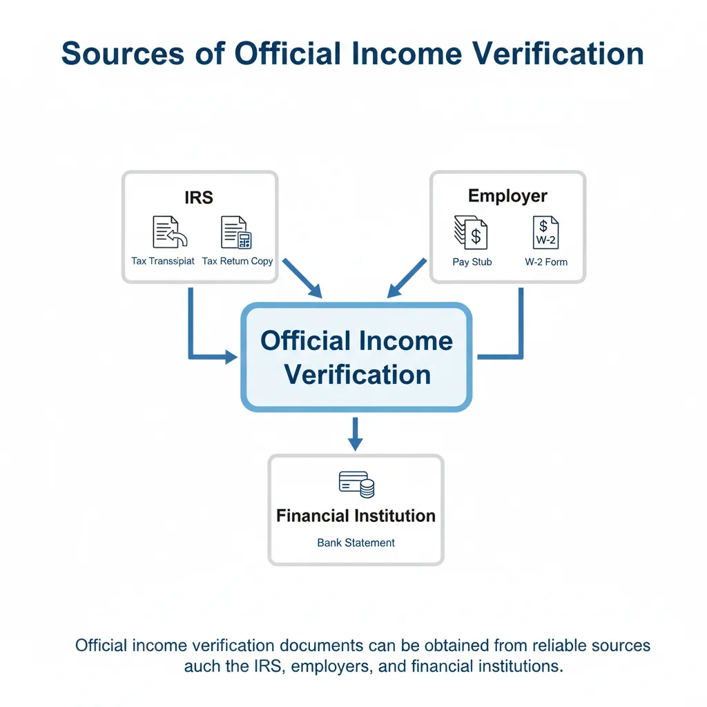 Diagram showing the sources for official income verification documents: IRS for tax transcripts, employers for pay stubs, and financial institutions for bank statements.