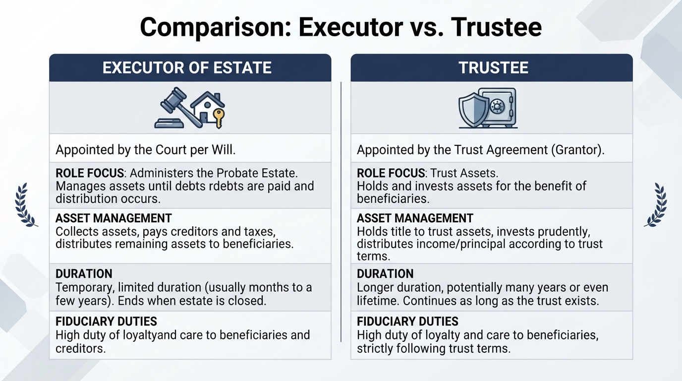 Comparison chart showing the differences between an Executor of Estate and a Trustee in terms of authority, duration, and asset management.