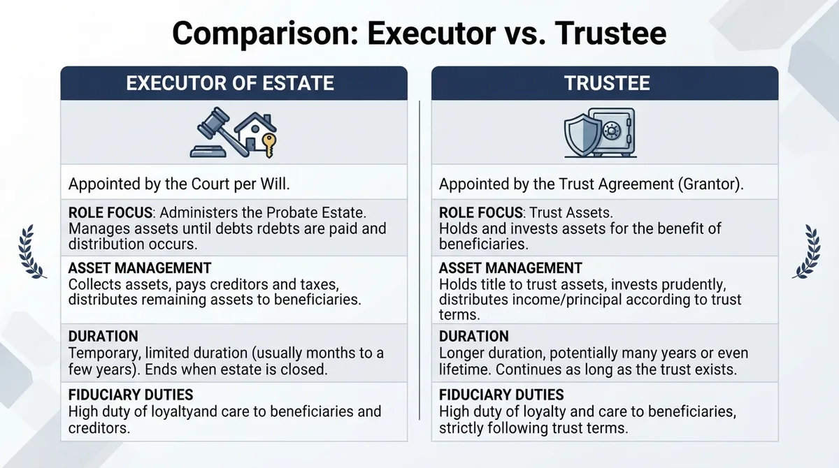 Comparison chart showing the differences between an Executor of Estate and a Trustee in terms of authority, duration, and asset management.