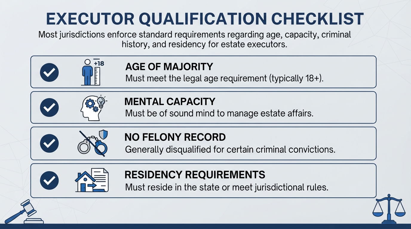 Infographic checklist of the legal qualifications required to serve as an Executor of Estate.