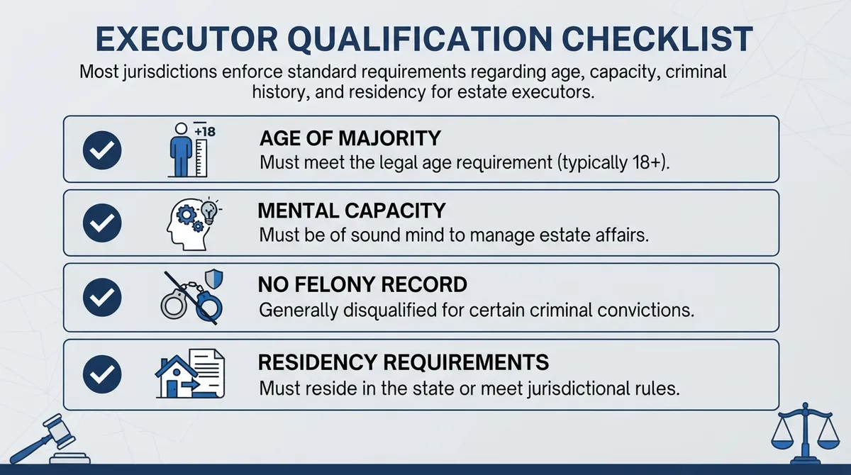 Infographic checklist of the legal qualifications required to serve as an Executor of Estate.