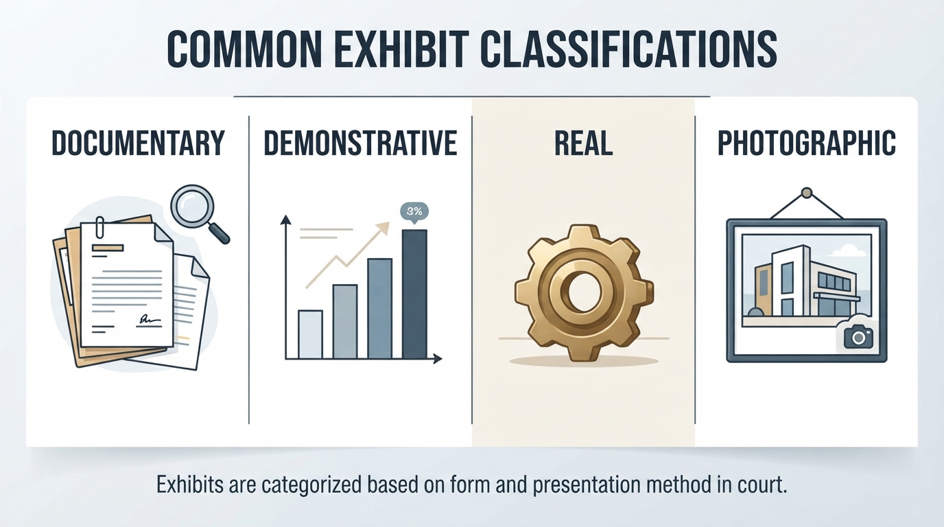 An infographic illustrating four common classifications of legal exhibits: documentary, demonstrative, real, and photographic.