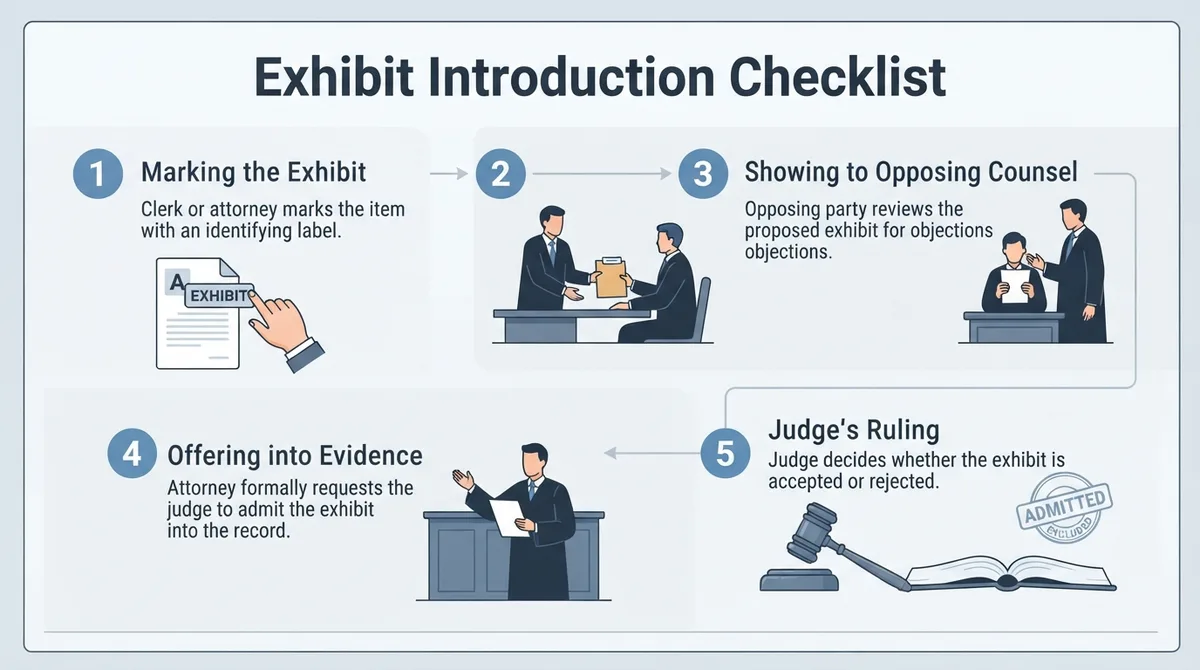 A checklist detailing the five key steps to introduce an exhibit during a legal proceeding.