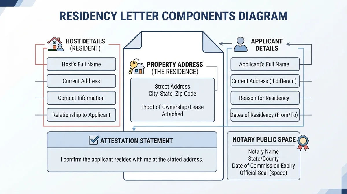 Diagram showing the standard components of a proof of residency letter