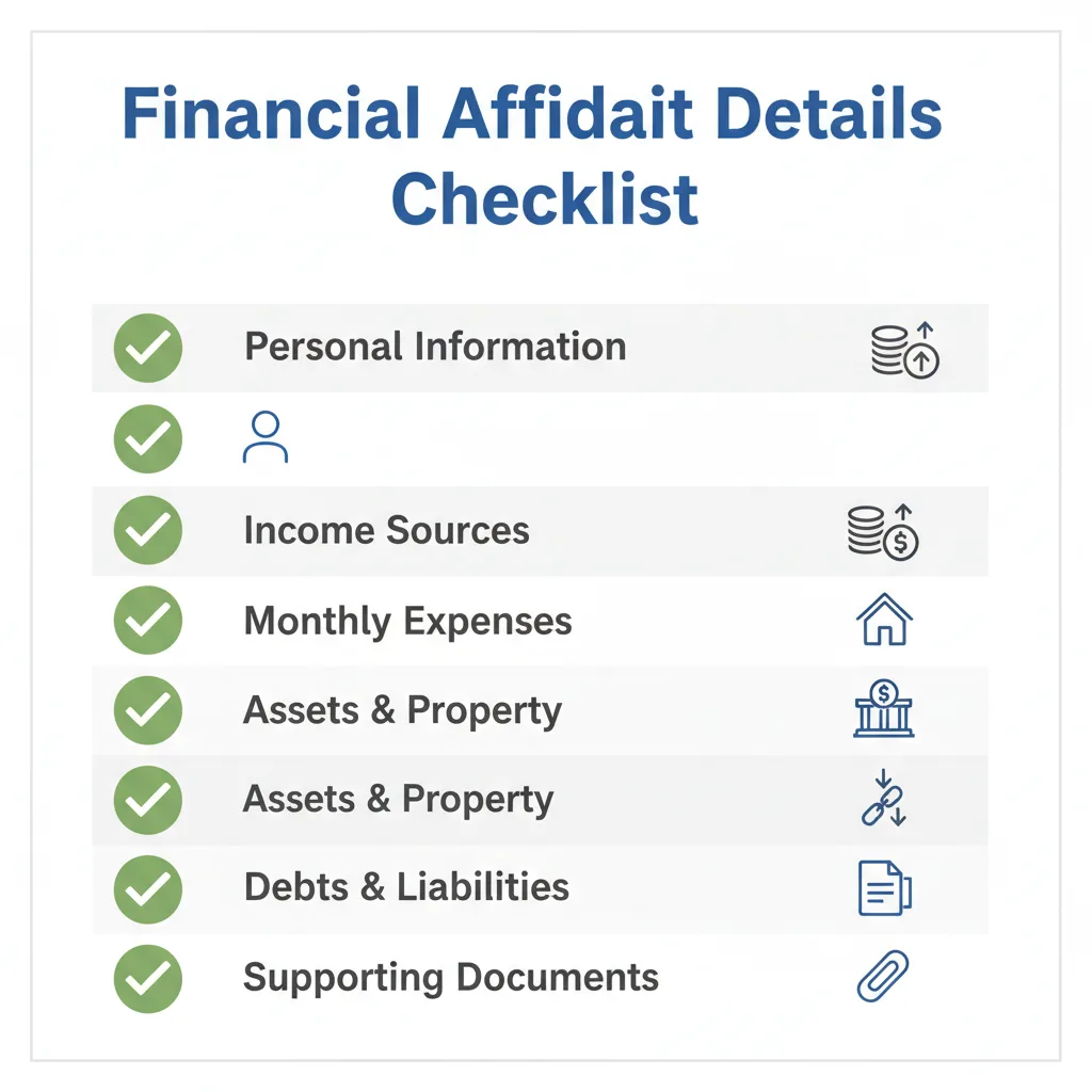 Checklist of details commonly addressed in a Financial Affidavit.