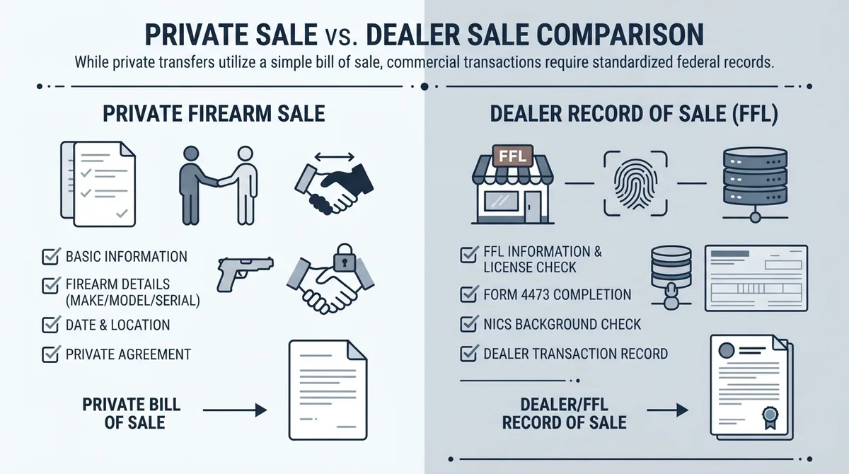 Comparison graphic showing the differences between a private bill of sale and a dealer record of sale.