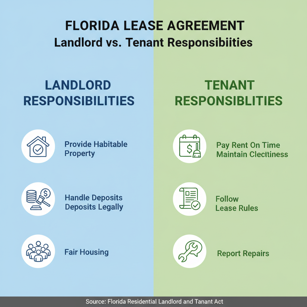 Comparison table illustrating the distinct rights and responsibilities of landlords and tenants in Florida, such as providing habitable premises versus paying rent on time.
