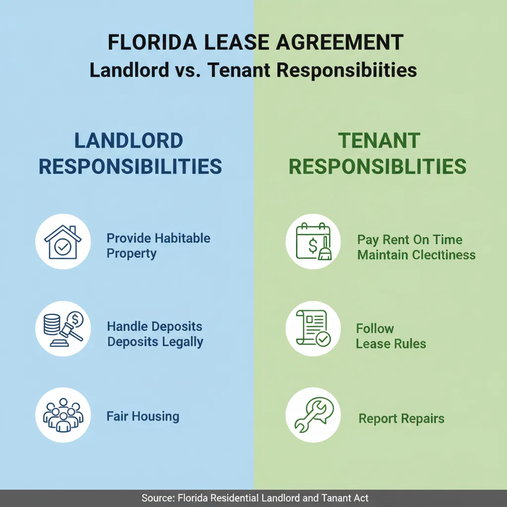 Comparison table illustrating the distinct rights and responsibilities of landlords and tenants in Florida, such as providing habitable premises versus paying rent on time.