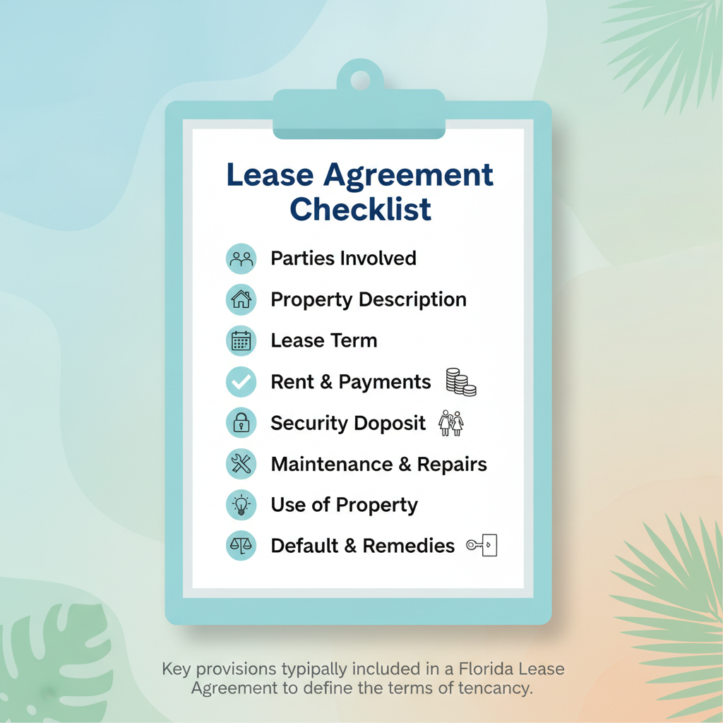 Checklist of essential provisions commonly found in a Florida Lease Agreement, including parties, property, rent, and security deposit.