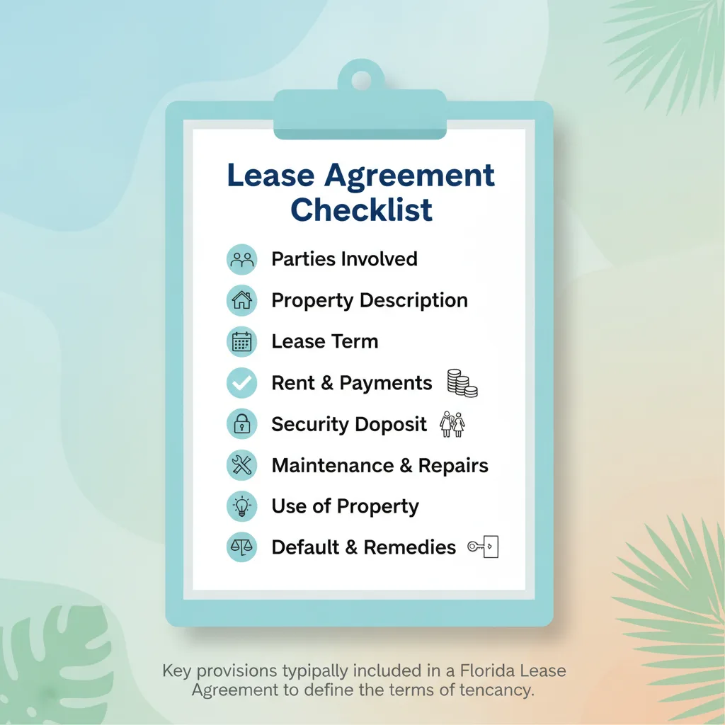 Checklist of essential provisions commonly found in a Florida Lease Agreement, including parties, property, rent, and security deposit.