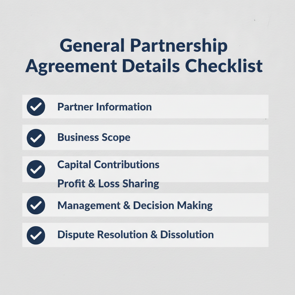 Checklist of details commonly addressed in a General Partnership Agreement.