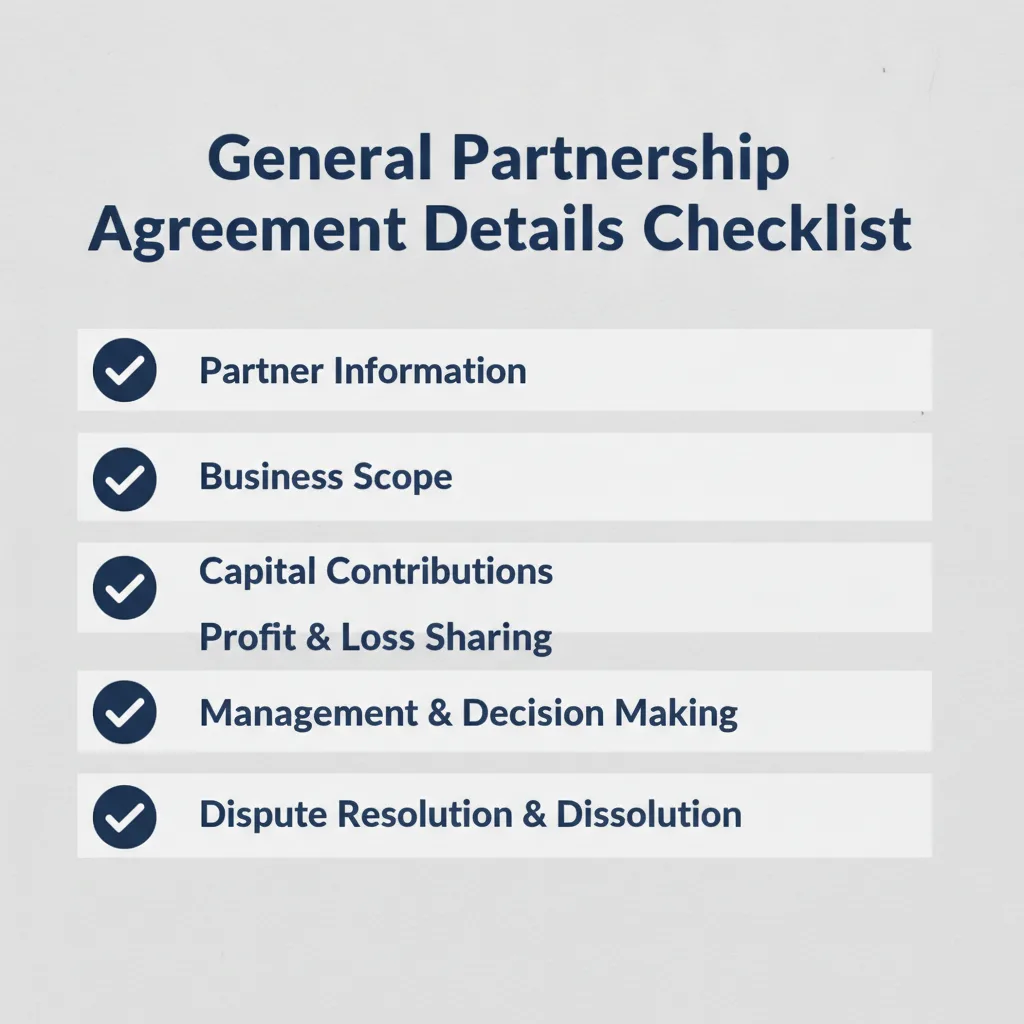Checklist of details commonly addressed in a General Partnership Agreement.