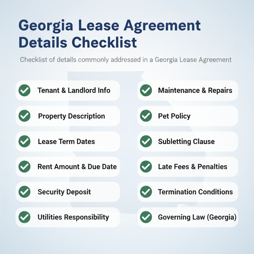 Checklist of details commonly addressed in a Georgia Lease Agreement.