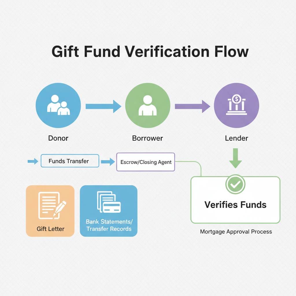 Diagram illustrating the process of verifying gift funds for a mortgage.