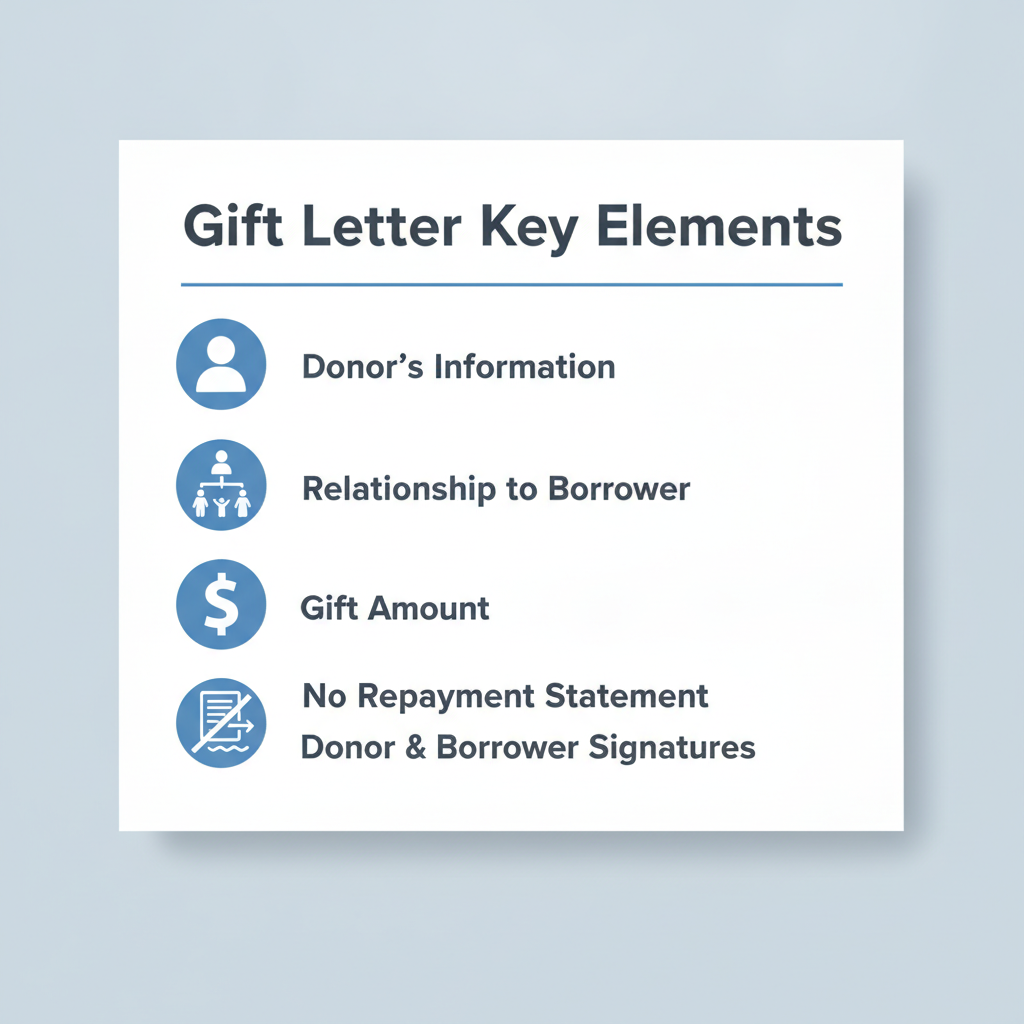 Checklist showing required information for a Gift Letter for Mortgage.
