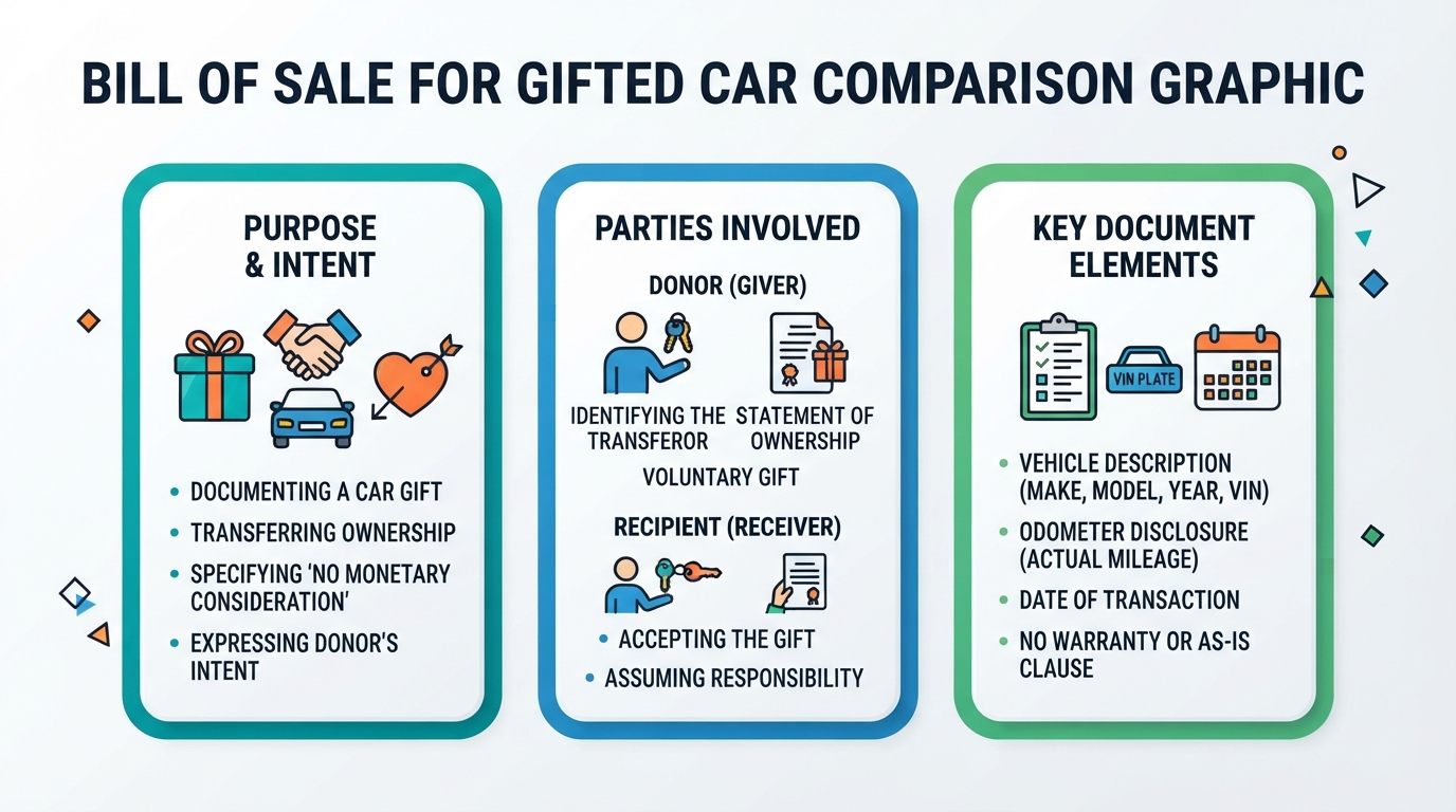 Comparison graphic explaining concepts related to a Bill of Sale for Gifted Car.