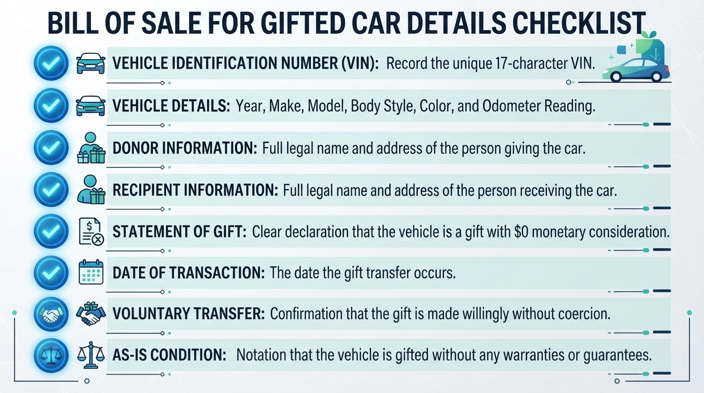Checklist of details commonly addressed in a Bill of Sale for Gifted Car.