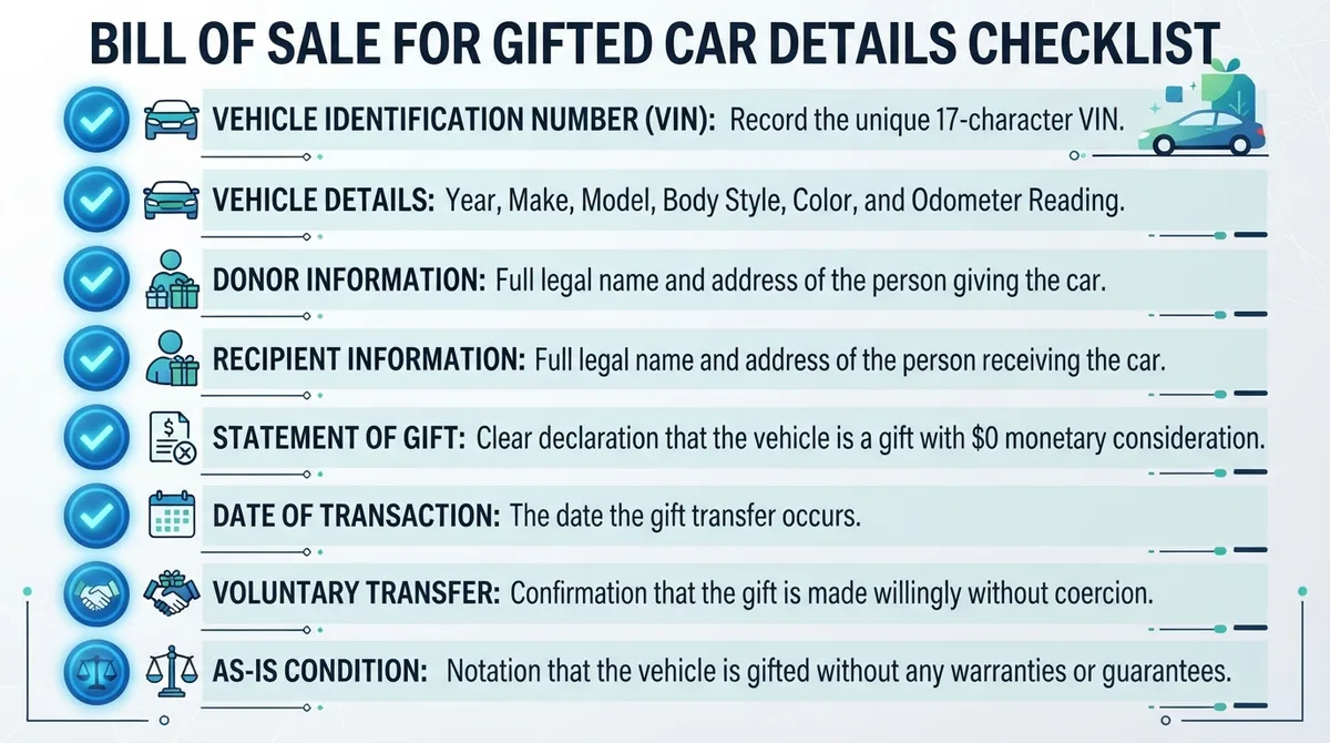 Checklist of details commonly addressed in a Bill of Sale for Gifted Car.