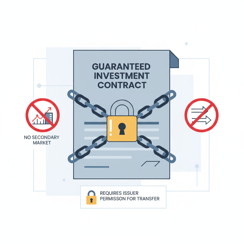 Illustration depicting a locked GIC document with no secondary market symbol, representing its illiquidity and non-transferability.