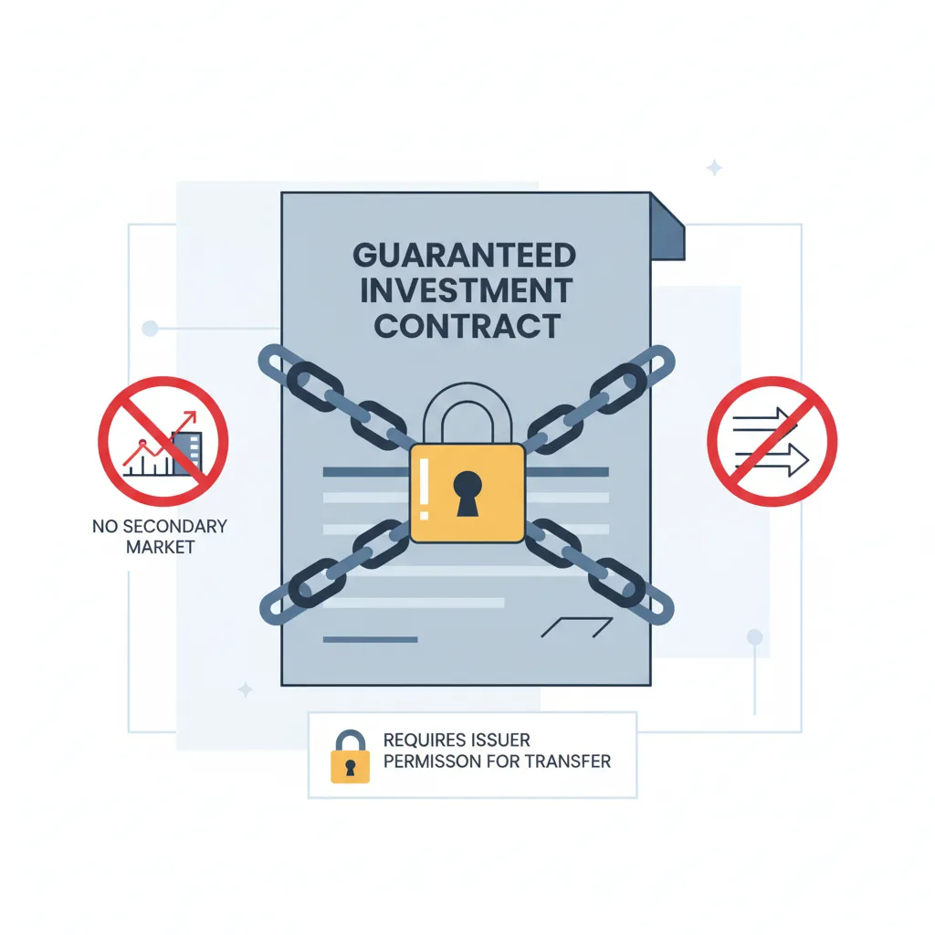 Illustration depicting a locked GIC document with no secondary market symbol, representing its illiquidity and non-transferability.