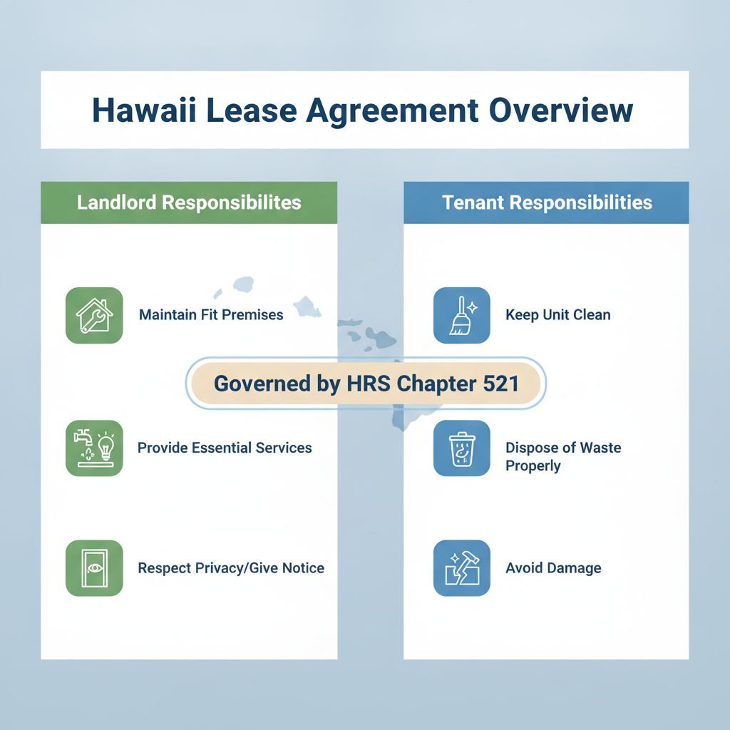 Diagram showing an overview of a Hawaii Lease Agreement, highlighting landlord and tenant responsibilities under HRS Chapter 521.