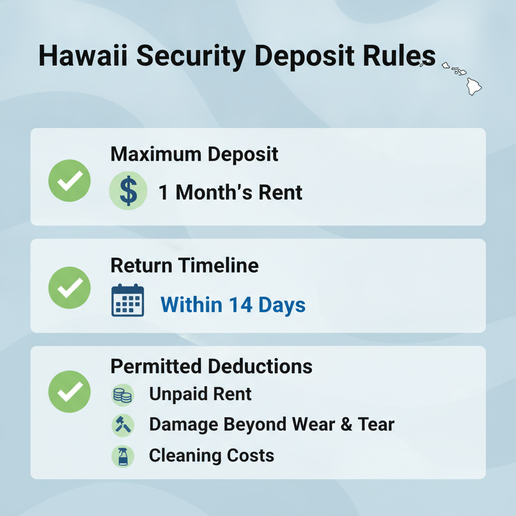 Checklist summarizing Hawaii's security deposit regulations, including the maximum amount, return timeline, and permitted deductions.