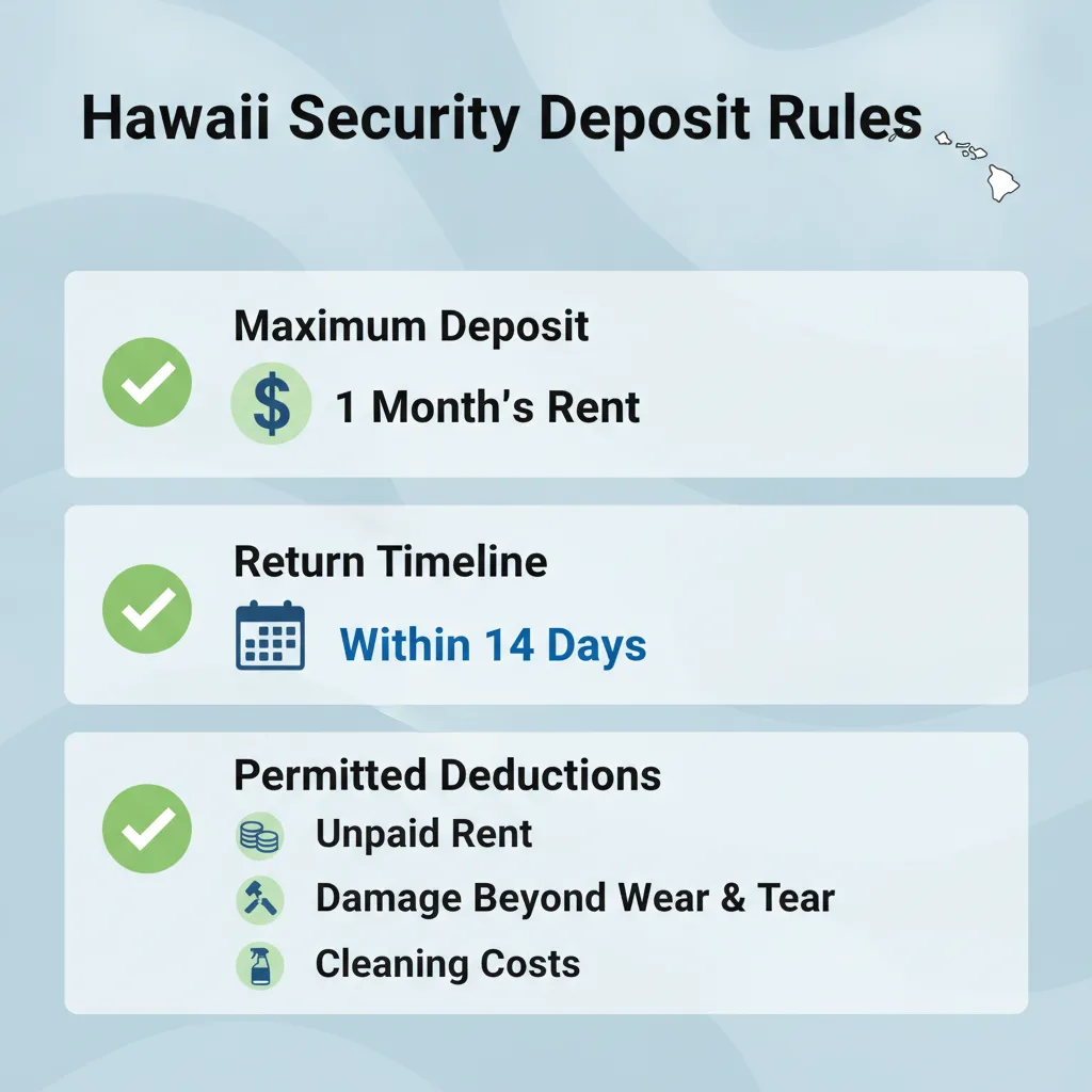 Checklist summarizing Hawaii's security deposit regulations, including the maximum amount, return timeline, and permitted deductions.
