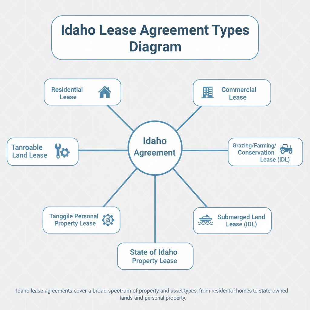 Diagram showing various types of lease agreements recognized in Idaho, including residential, commercial, state land, and personal property leases.