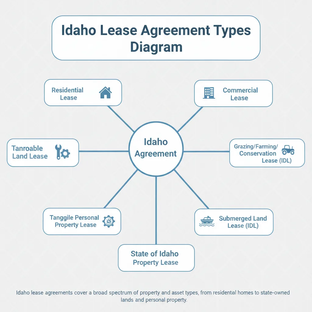 Diagram showing various types of lease agreements recognized in Idaho, including residential, commercial, state land, and personal property leases.
