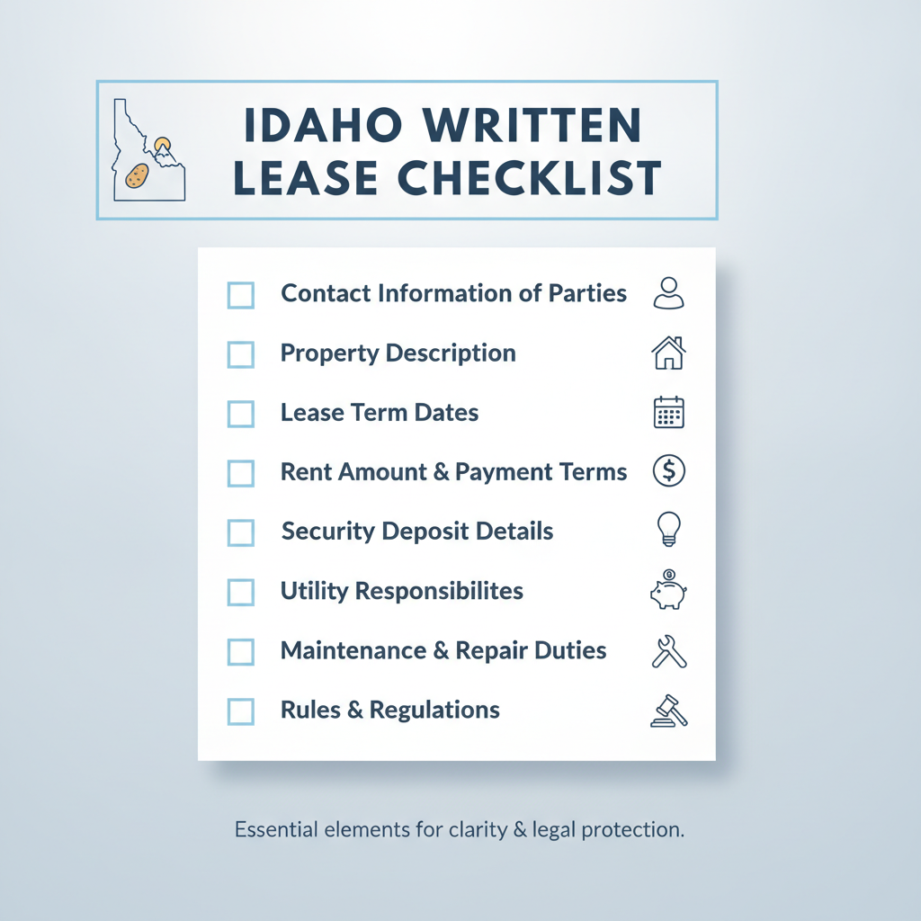 Checklist outlining the essential elements to include in a written Idaho Lease Agreement for clarity and legal protection.