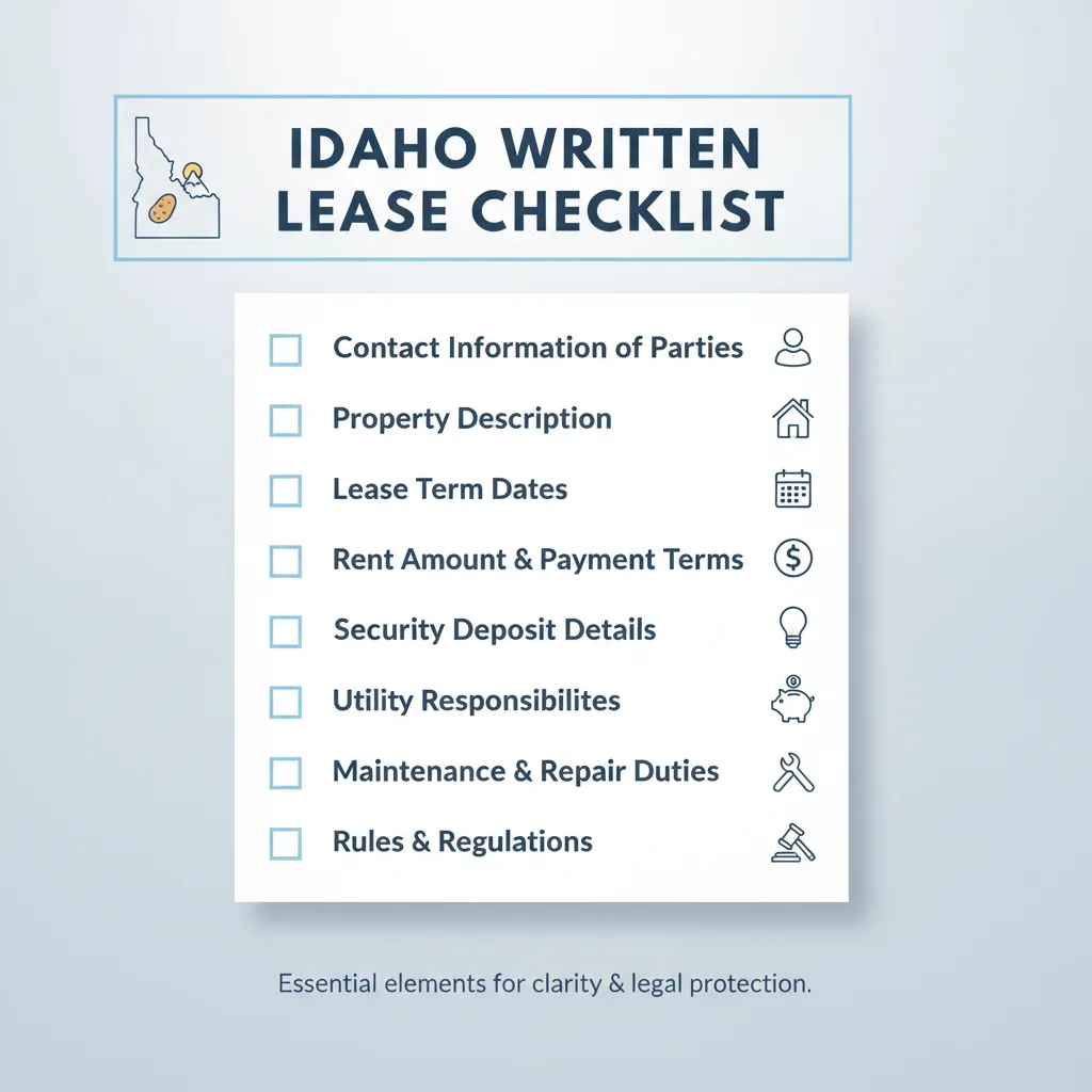 Checklist outlining the essential elements to include in a written Idaho Lease Agreement for clarity and legal protection.