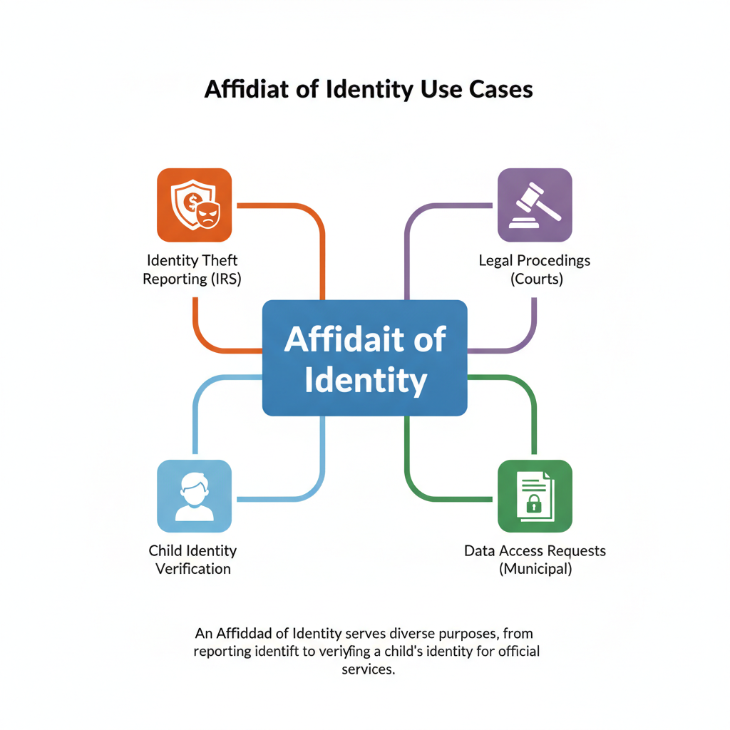Diagram showing various uses of an Affidavit of Identity, including for identity theft, legal proceedings, child identity verification, and data access requests.